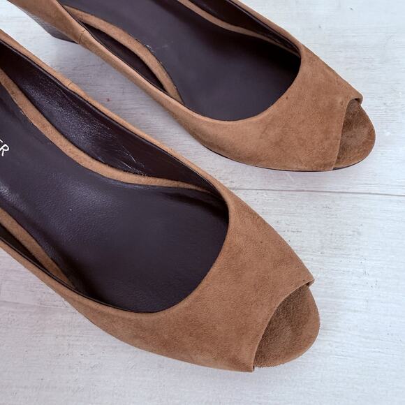 DONALD PLINER Milli Brown Suede Wedges Size 7 Peep Toe Snake Print Heels Preppy - Picture 12 of 14